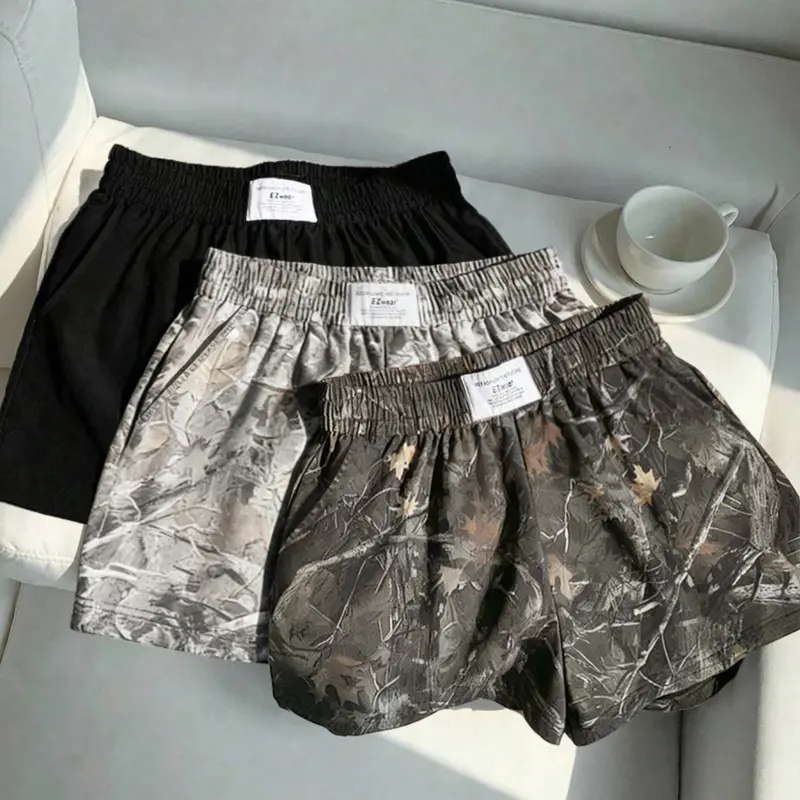 Women's Vintage Camo Camouflage Shorts Set Loose Fit Elastic Waist, Breathable Summer Casual Wear, Letter Waistband with Pockets, 3-Piece, Fashion Camouflage Shorts