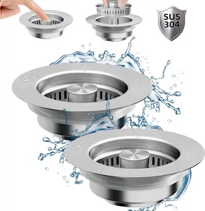 Kitchen Sink Drain Strainer - 2-Pack Stainless Steel Sink Stopper 3-in-1 Pop-Up Sink Strainer with Anti-Clogging Basket Odor Filter Sink Drain Cover Plug for US Standard 3-1/2 Inch Drain