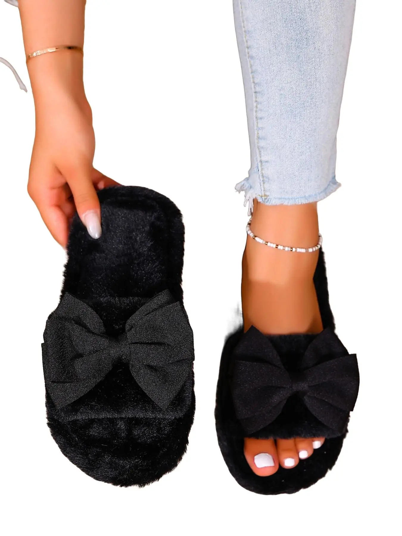 Women's Plush Bow Tie Sandals, Sweet Casual Style, Soft Plush Open-Toe Flat Slippers, Daily Warm Home Shoes for Bedroom, Fluffy House Slippers