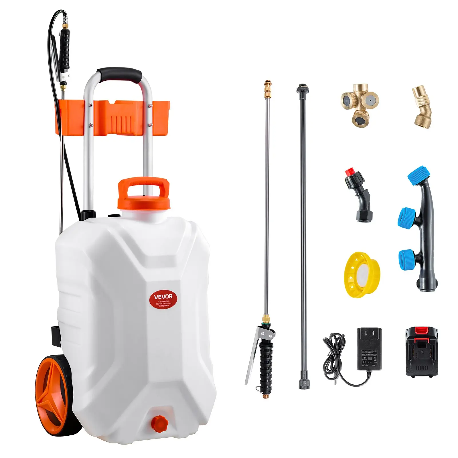 VEVOR Battery-Powered Sprayer with Wheeled Cart, 10 Gallons Electric Weed Sprayer, Adjustable 0-80 PSI, Yard Lawn Sprayers with Wheels, 5 Nozzles 98ft Hose, 3-6H Spray Time, for Weeding, Cleaning