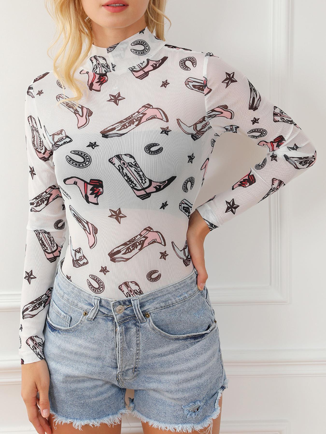 Women's Boot Print Mock Neck Semi-Sheer Bodysuit, Sexy Fashion Long Sleeve Bodysuit for Spring & Fall, Women's Clothes for Daily Wear