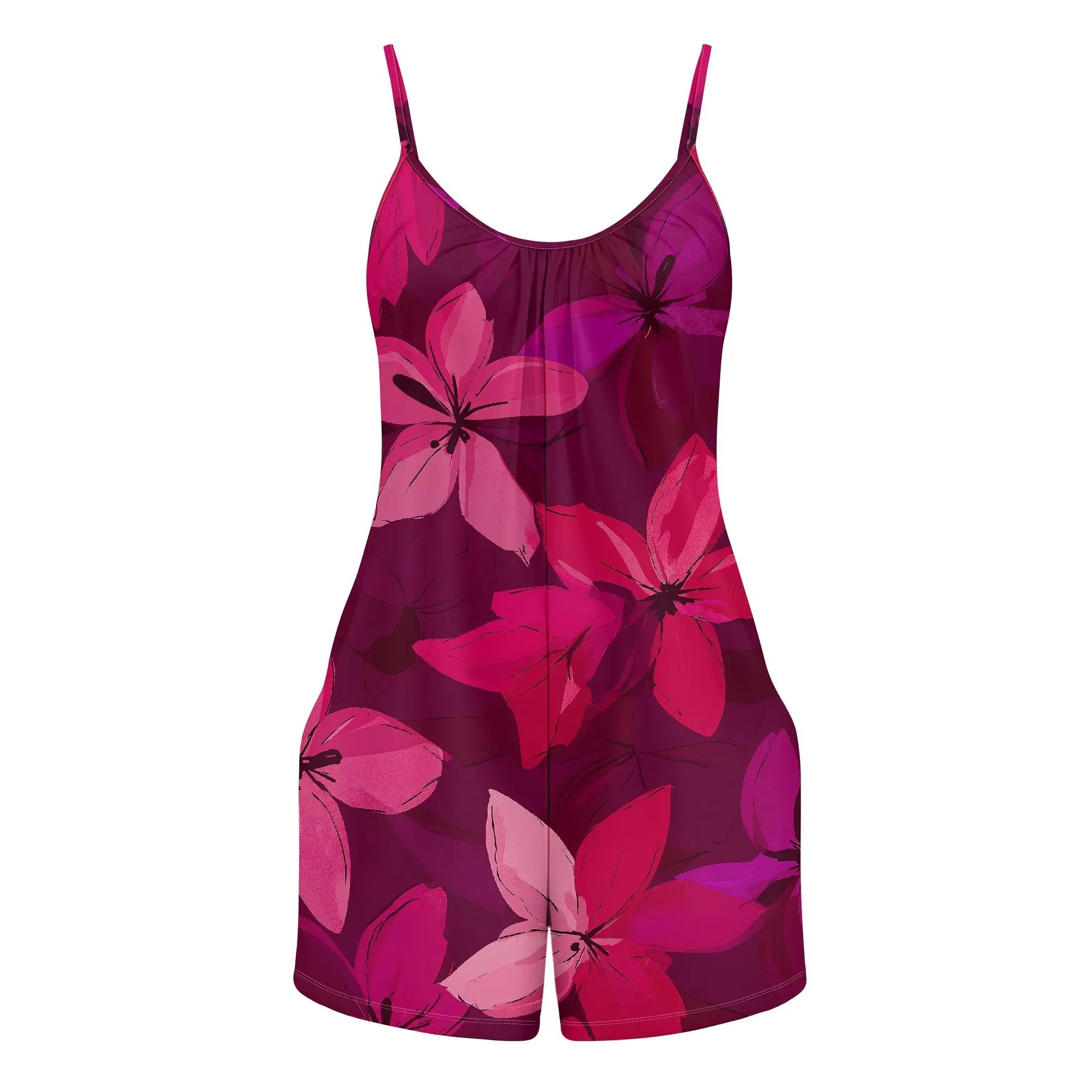 Women'S Floral Romper, Spaghetti Strap Jumpsuit, Pink Pattern Playsuit with Pockets, Summer Beach Vacation Attire, Sizes S-2XL