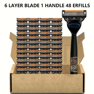 1 Handle+48 Blades, Men's 6-story Manual Shaver, Anti Slip Knife Handle, Blades That Can Be Reused, Dual-Use Dry and Wet, Anti-Scratch Design, Clean Shave Without Residue, Recommended for Home and Travel