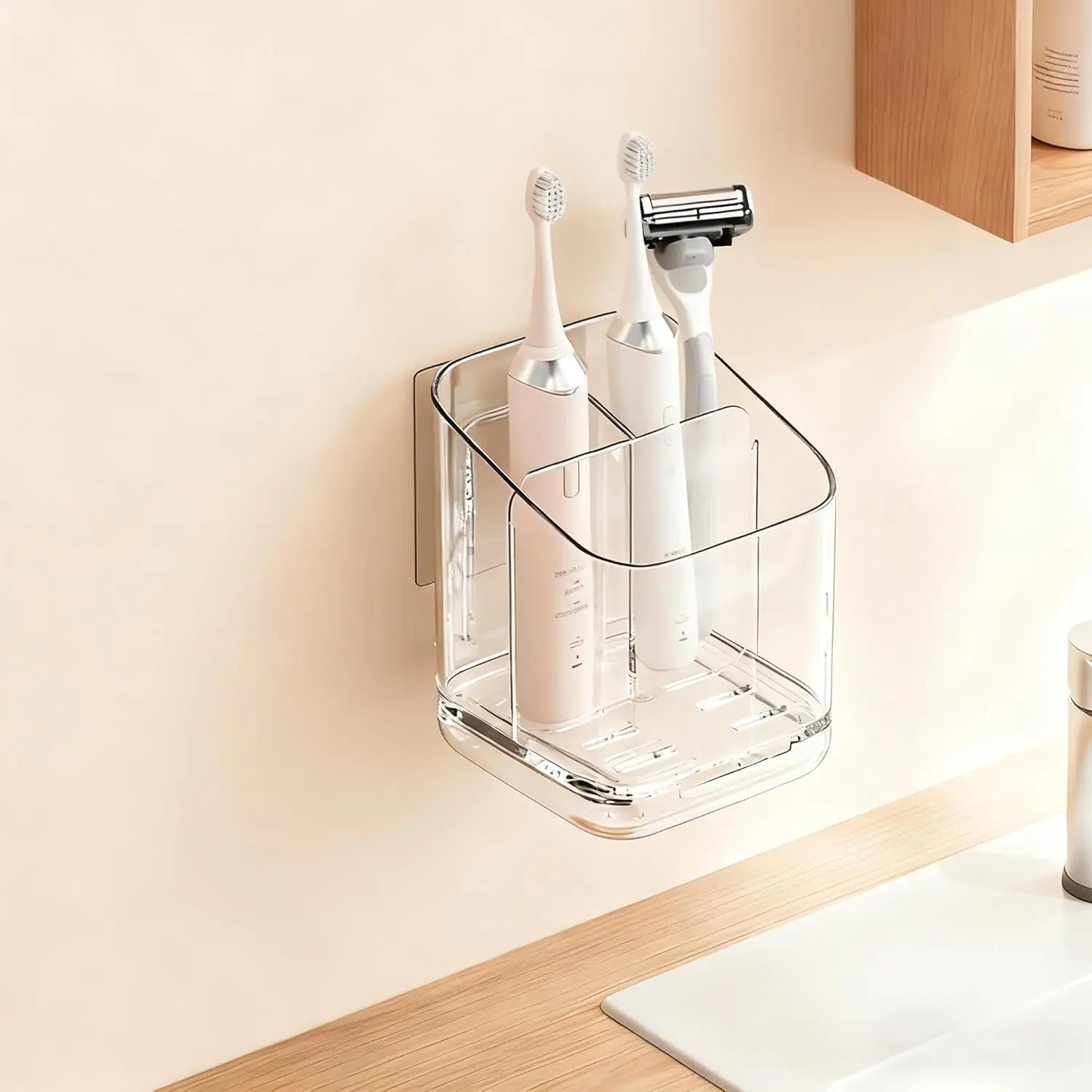 Holder Wall Mounted,Detachable  and  Holder with Divider for Bathroom, Anti-Slip Electric  Brush Holder Set with Drainage, Bathroom Accessory - Clear