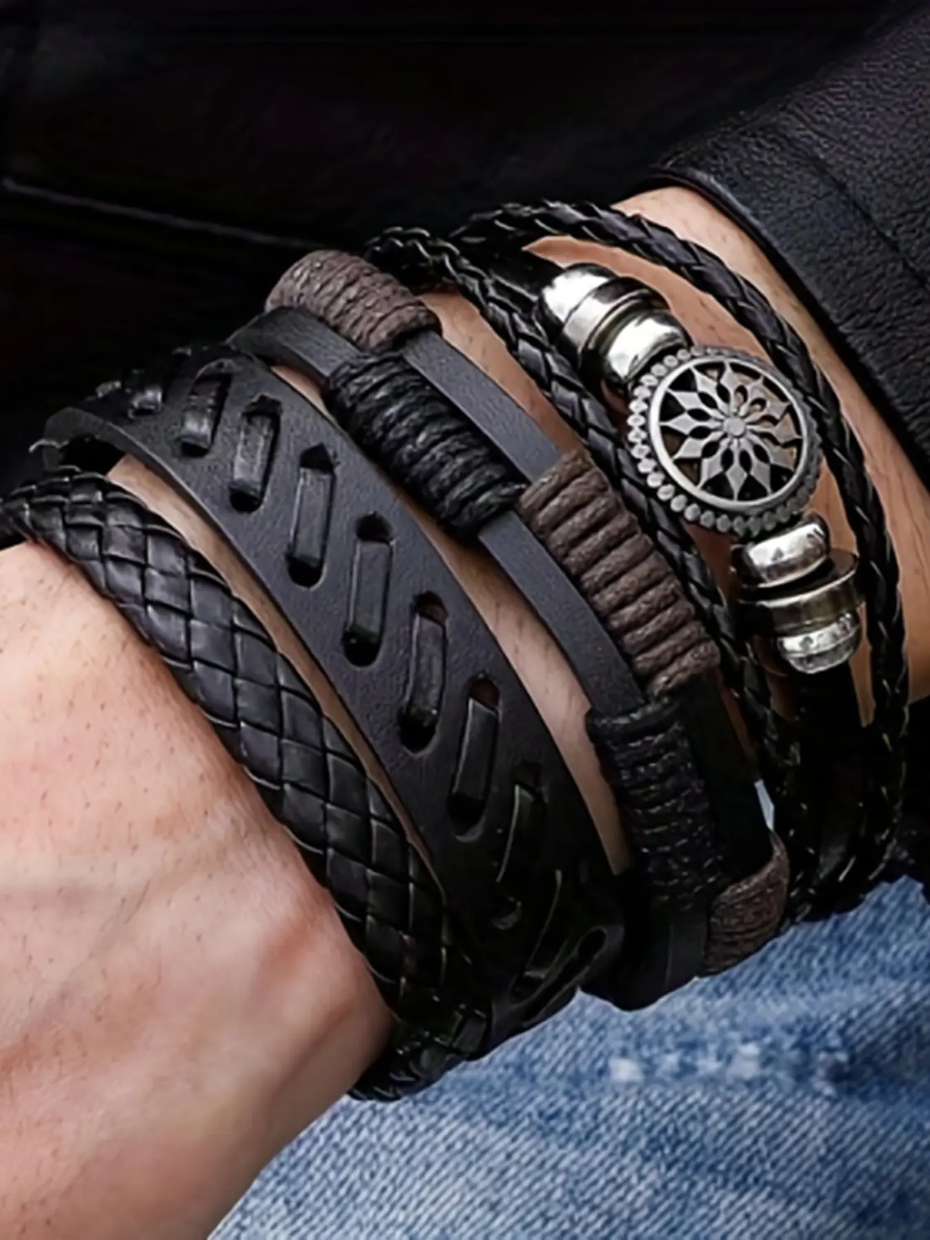 4Pcs/Set Faux Leather Bracelet for Men, Punk Bracelets Set, PU Braided Wrap Wristband sun-flower Shaped Jewelry Accessories Adjustable Black, Father's Day Gifts, High quality bracelet set