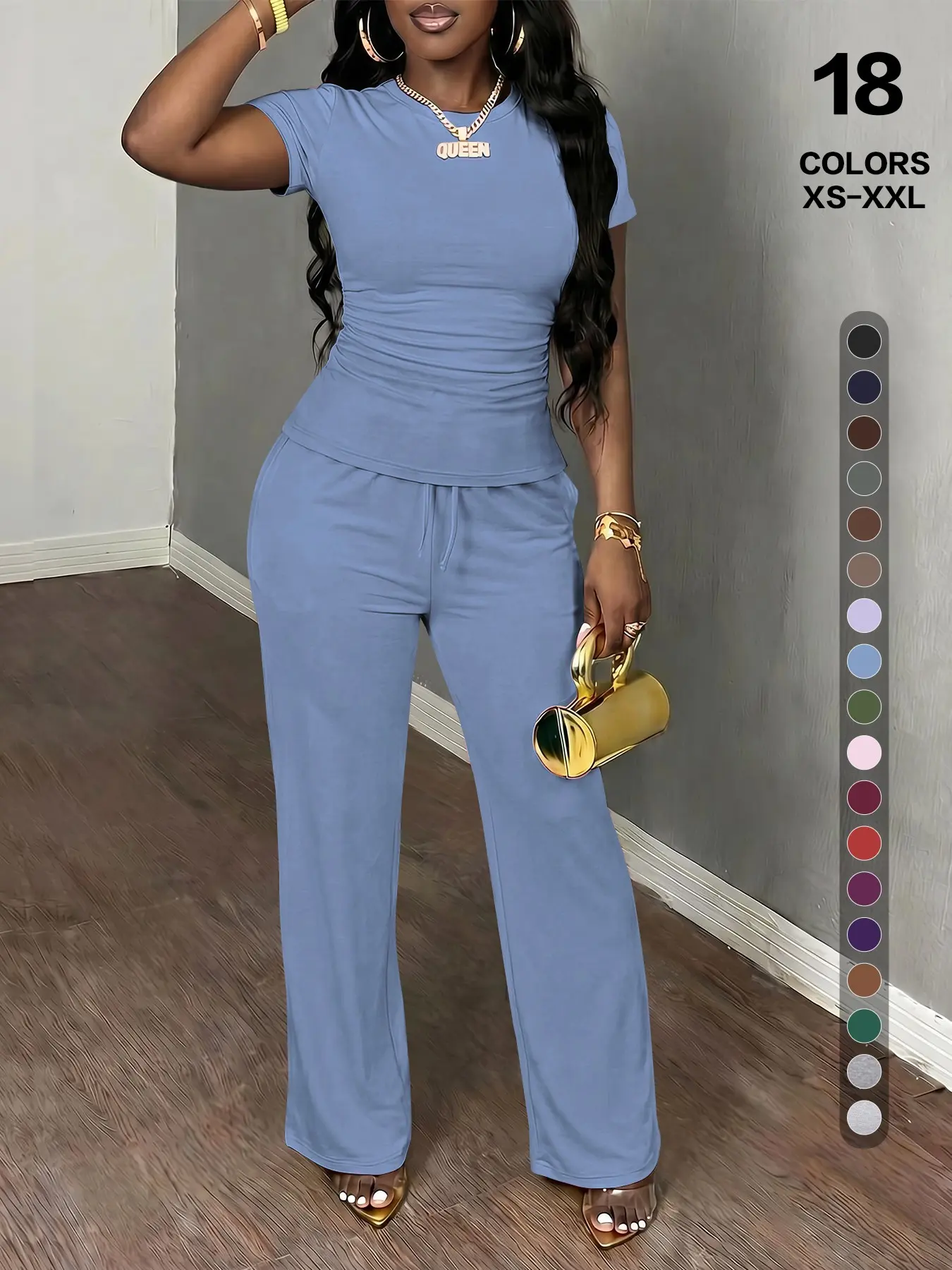 Women's Spring Summer Casual Everyday Clothes Set Outfit,Round Neck Short Sleeve Top & Wide Leg Pants, Slim Fit Home Wear, 2 Piece, Ruched Design, Drawstring,Womenswear，Suitable for Daily Home Wear and Fashionable for Outings