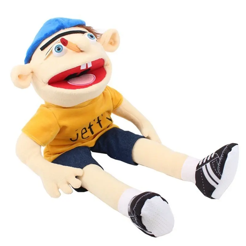 Jeffy Full Body Hand Puppet Plush Toy Movable Open Mouth Ventriloquist Doll Blue Beret Pencil Stuck On Nose Big Round Blue Eyes Two Front Teeth Yellow Printed "Jeffy" T-Shirt Dark Denim Shorts White Socks Black Striped Sneakers Soft Flannel Stuffed Puppet