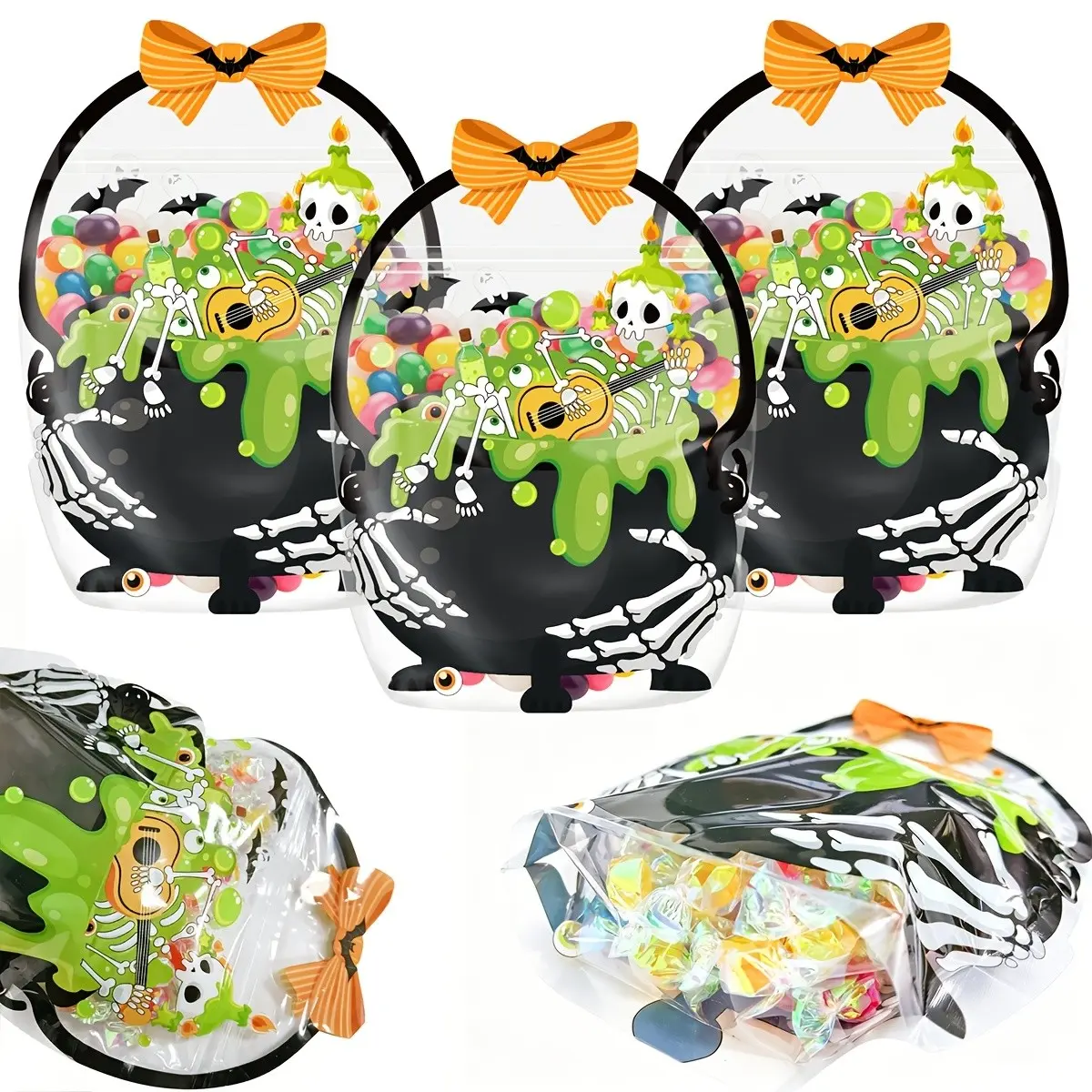 Halloween Self-Sealing Stand-Up Gift Bags, 12pcs Pumpkin Skull Bat Ghost Cat, Candy Packaging for Parties, Fall Festival Decorations