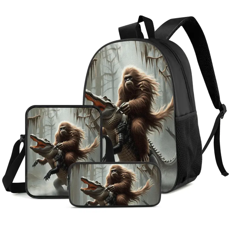 Bigfoot Riding Alligator 3-In-1 Backpack Set, Quirky Fantasy Backpack with Crossbody Bag And Pencil Case, And Durable, Great for School And Outdoor Events bookbag
