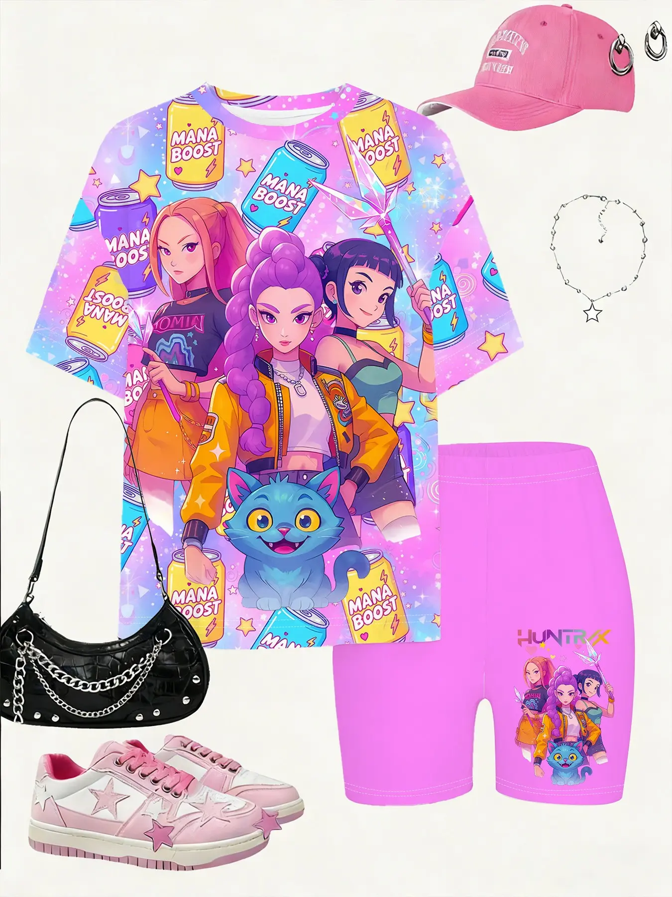 Girls' Short Sleeve Set, Anime Blue Cat Soda Full Print Tee, Starry Cartoon Kids Casual, Summer Sports Wear, Birthday Party Dress