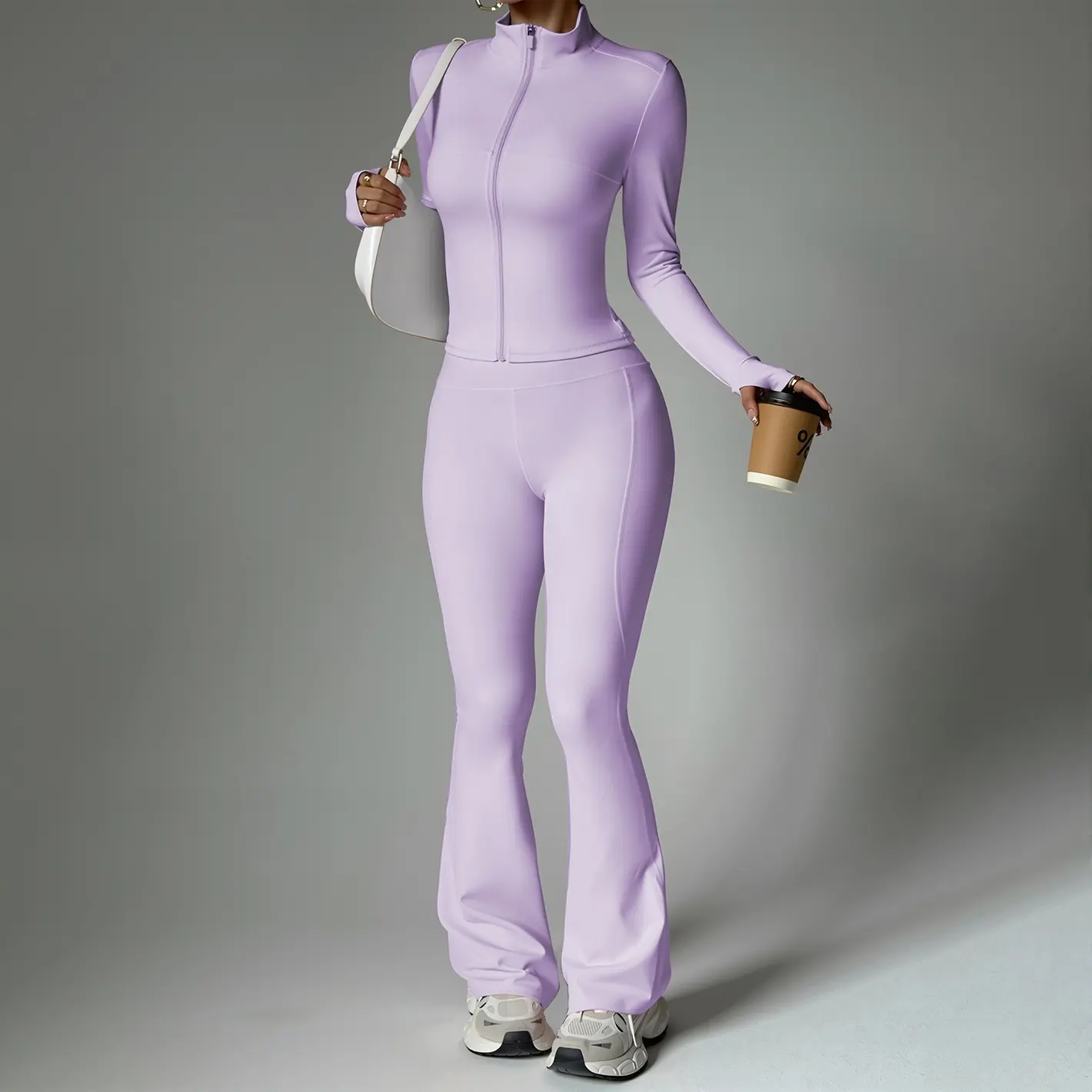 Women's Lavender Two Piece Outfit, Full Zip Long Sleeve Cropped Jacket and High Waist Flare Pants Set with Stand Collar and Thumbhole Cuffs, Solid Color Matching Athleisure Tracksuit for Travel, Coffee Runs, Weekend, Casual Streetwear, Sizes S-XL