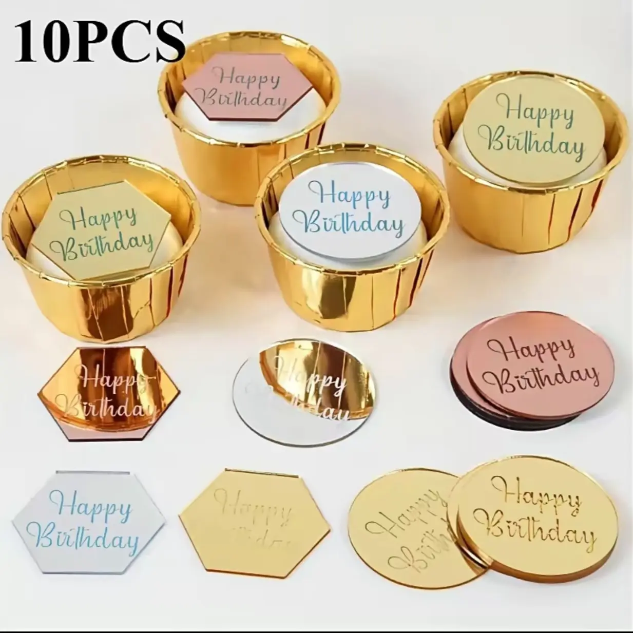 10pcs Happy Birthday Cake Toppers Gold Gold Acrylic Shiny Round Cupcake Toppers For Kids Birthday Baby Shower Party Cake Decor Tools, Cake Decorating Supplies, Cake Decoration Supplies