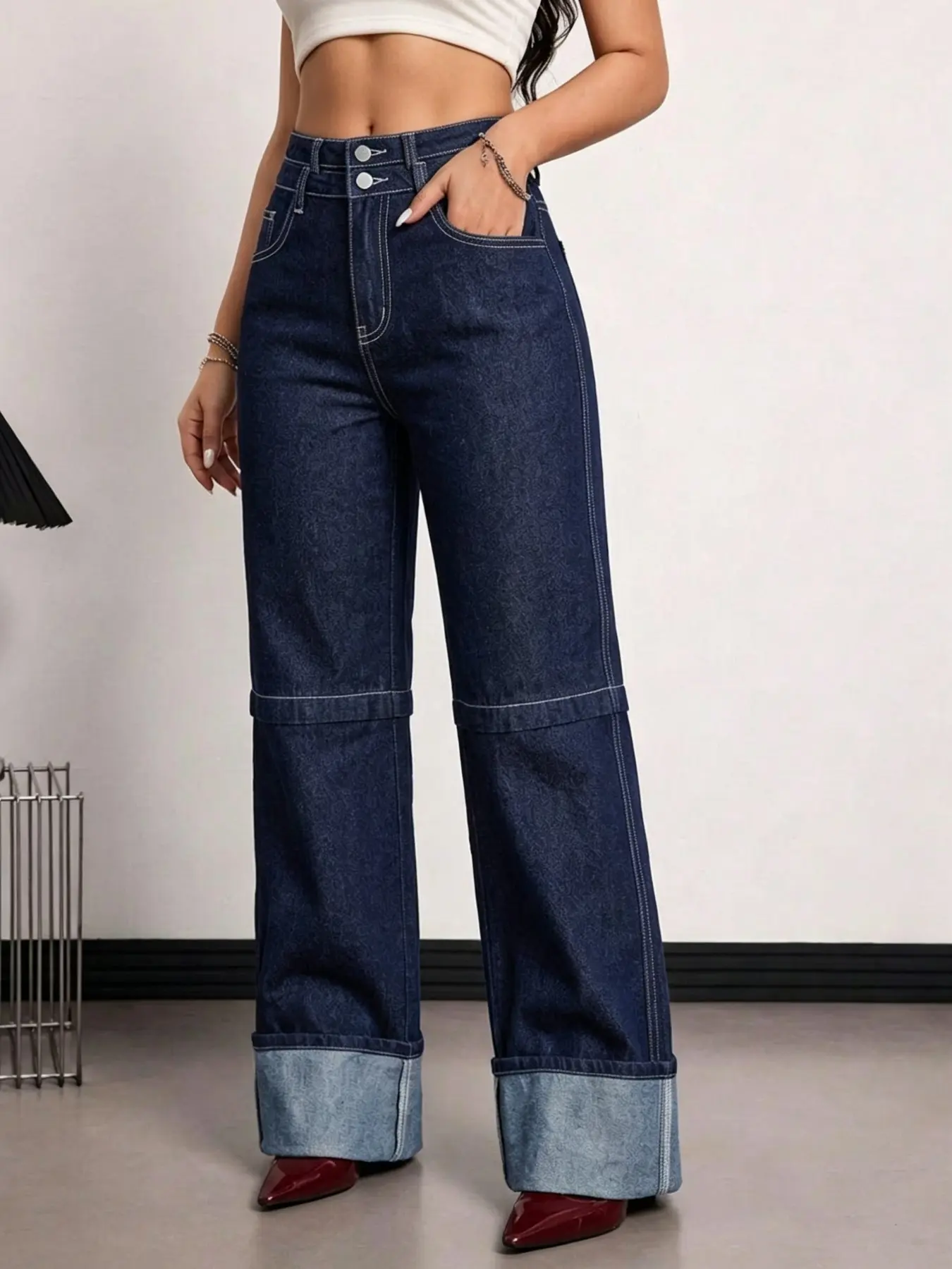 Lkuily Women's Dark Raw Denim Double Button High Waist Segmented Wide Leg Jeans, Contrast Cuff Extra Long Straight Pants, Vintage Workwear Design Slim Versatile Denim Trousers