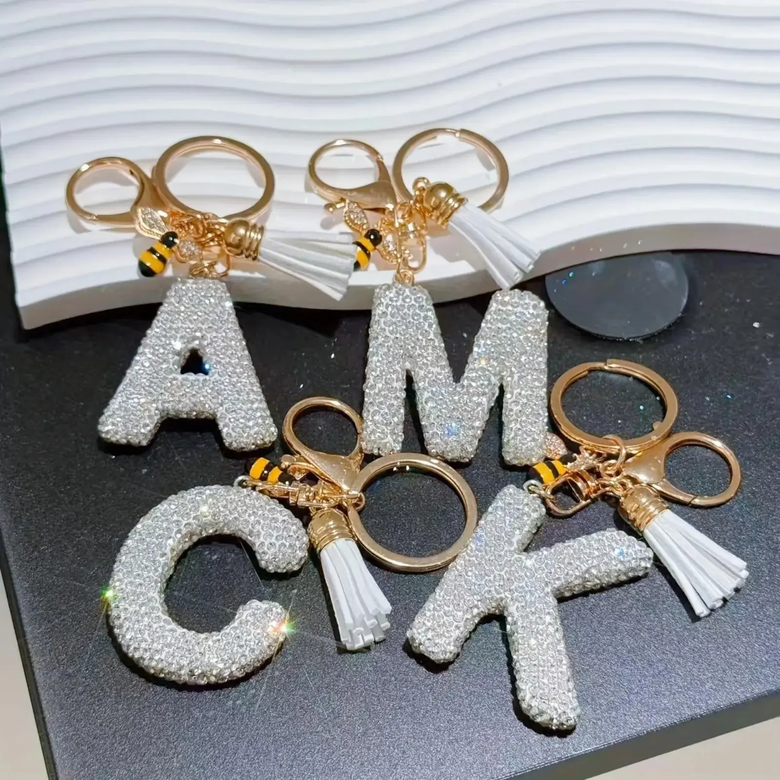 Women's Personalized A-Z Rhinestone Initial Keychain, Cute Bee Design With Tassel, Custom Bag Charm For Purses, Car Keys And Backpacks tiktokshopbacktoschool