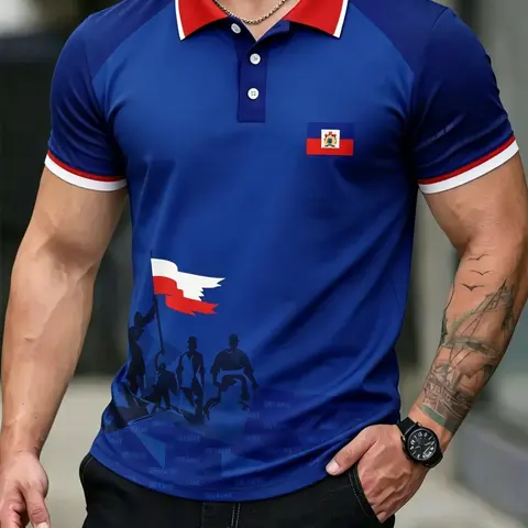 Men's Haiti Style Flag Print Polo Shirt, Casual Loose-Fitting Short Sleeve, All Seasons, Patriotic Design, Essential Men's Fashion, Menswear