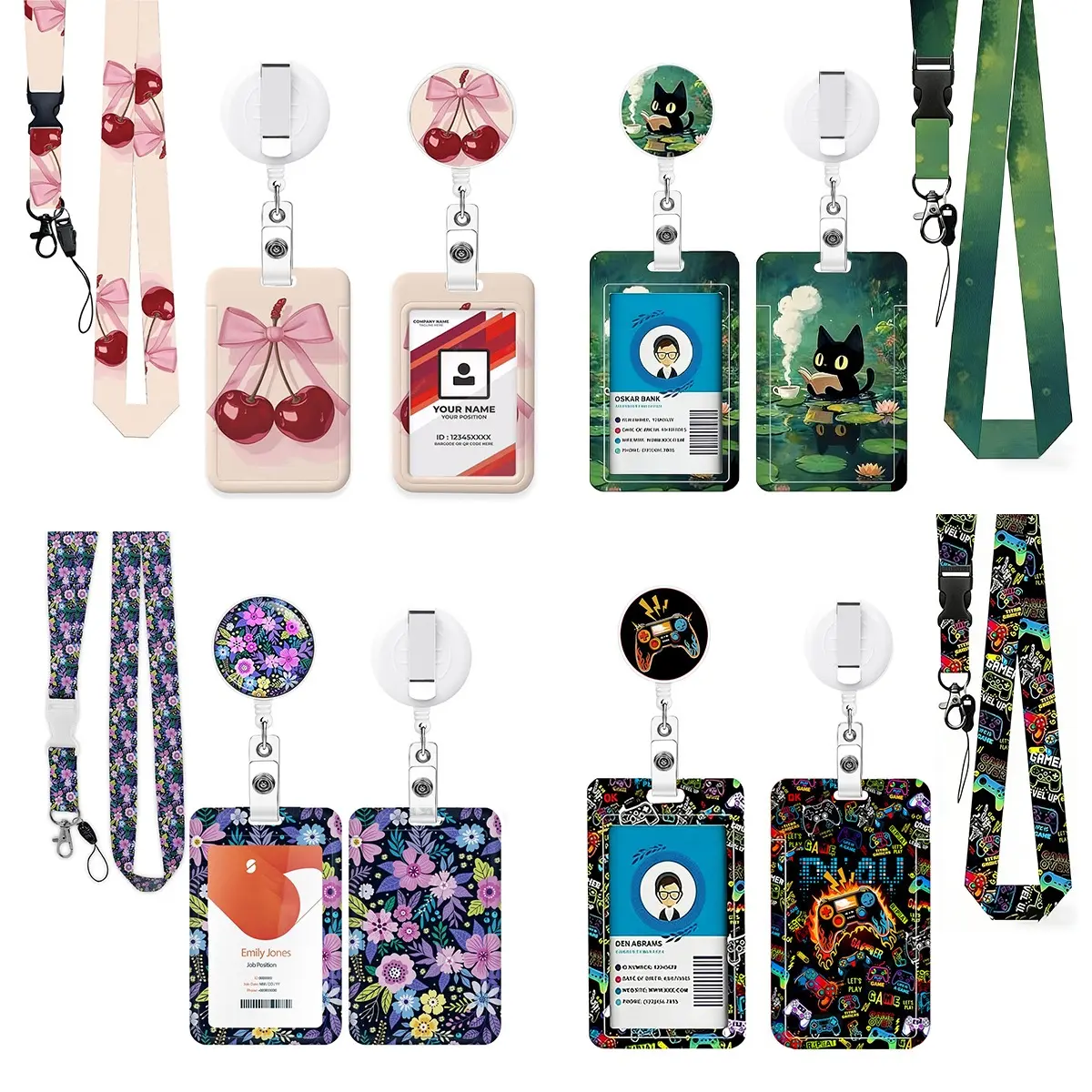 Cat Print Resin Pattern Polyester Lanyard, Adjustable Badge Reel Pull Tab, ID Card Holder Strap, Keychain Employee Badge Strap