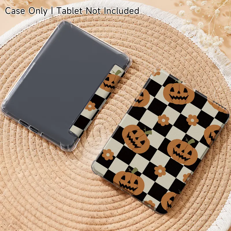 Checkerboard Pumpkin Jack-o-lantern & Cute Halloween Small Flower Print Kindle Case - TPU+PU Auto Wake/Sleep Slim Protective Cover with Hand Strap for 6in, 6.8in, 7in Kindle Paperwhite All Models, Tpu+Pu Leather