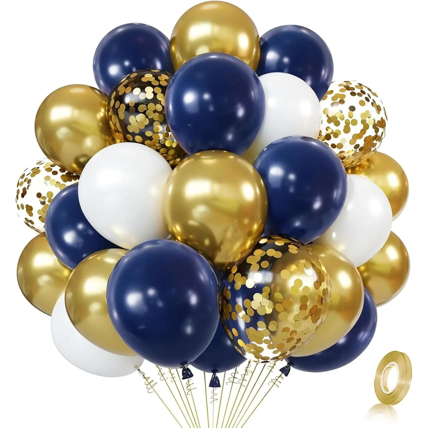 50-Piece 12 in Reflective Natural Latex Balloons Set - Navy Blue, Royal Dark Blue, Metallic Gold, White with Ribbon & Pump, Balloon Bunch for Birthday, Wedding Party Decorations