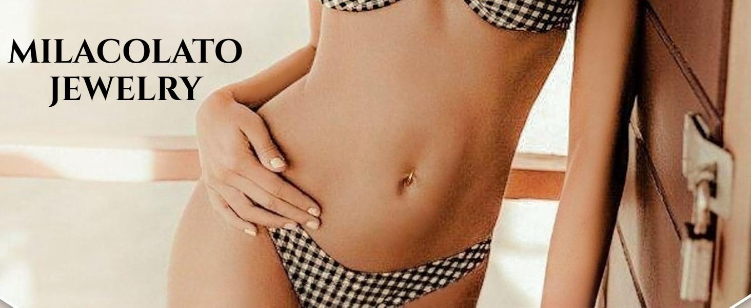 MILACOLATO 14G Clicker Belly Button Ring for Women White Gold Plated Hoop Belly Button Rings Shiny CZ Belly Button Clicker Oval Belly Ring Reverse Navel Body Belly Piercing Jewelry