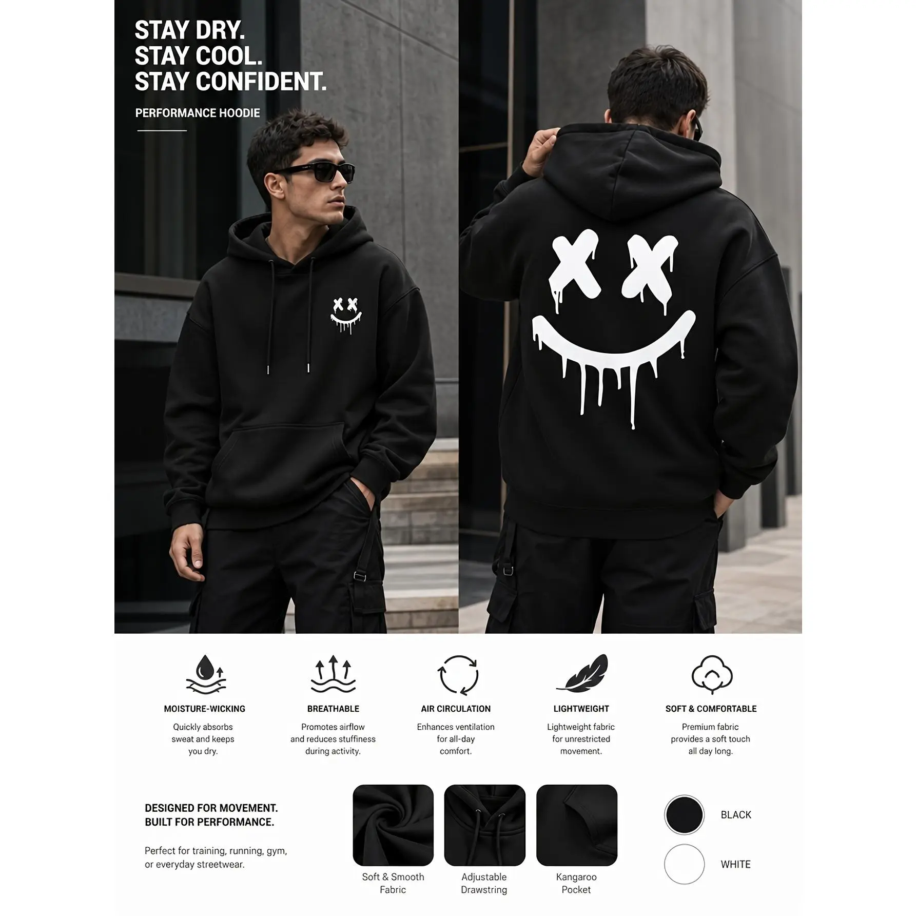 Men's Casual Oversized Sweatshirt, Smiley Face Graphic Hoodie with Large Back Print, Long Sleeve Moisture-Wicking Tops, Sweatshirts, Menswear, Longsleeves, Pullover