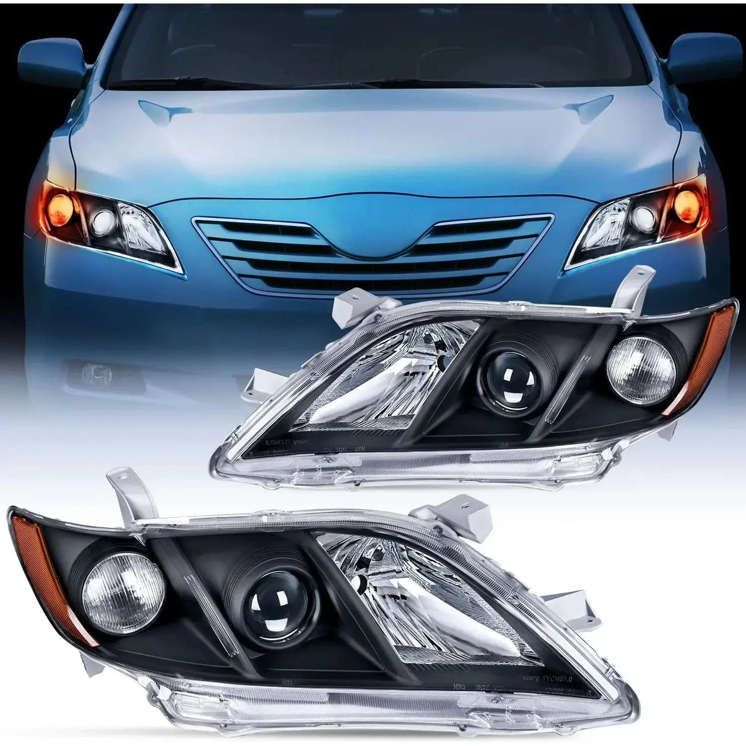 Nilight Headlight Assembly for 2007-2009 Toyota Camry, Black Case, Amber Reflector, Easy Install, IP65 Rated, Plug-N-Play, Ideal for Night Drive