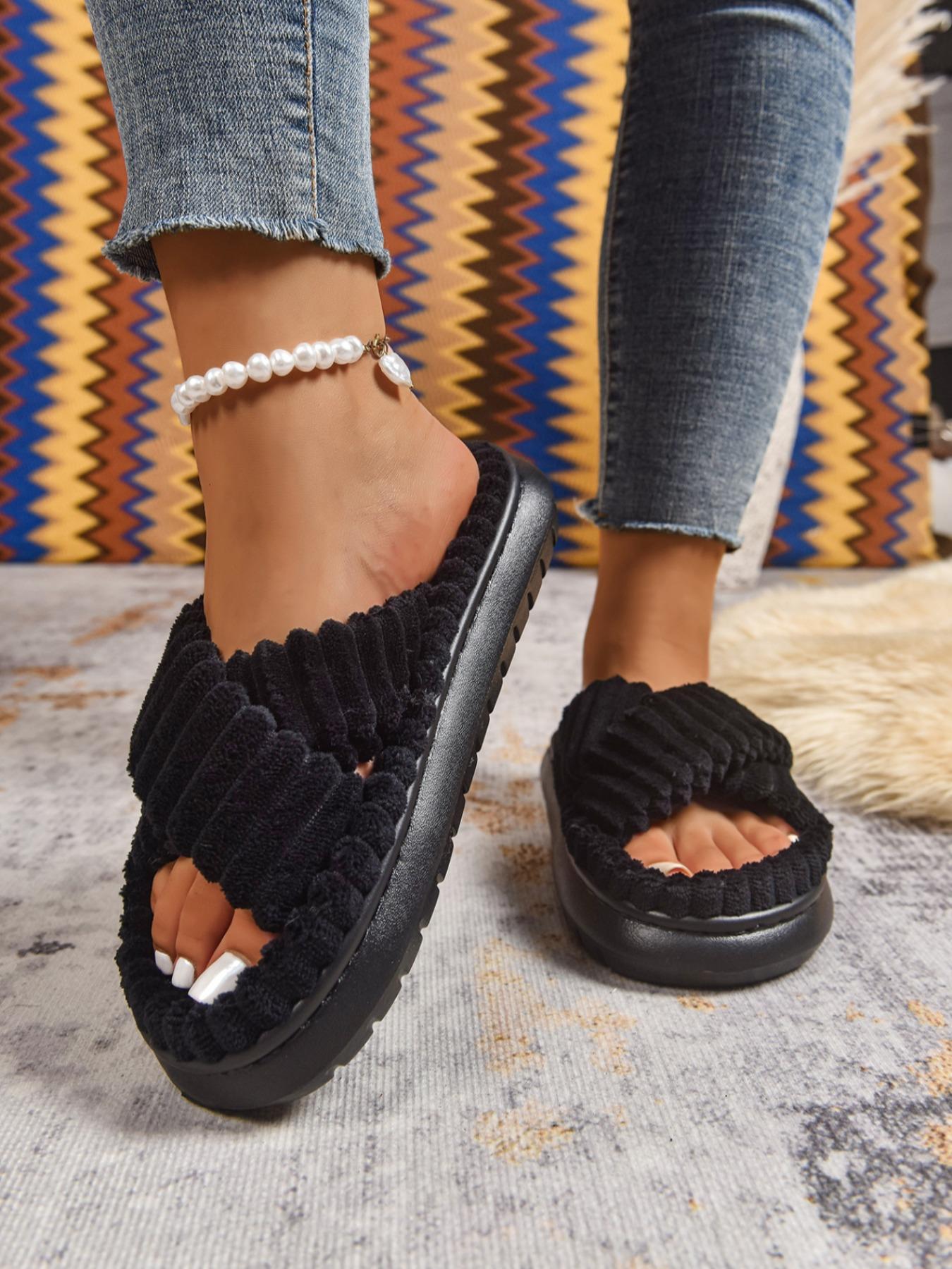 New Large Size 36-45 Casual Fashion Cross Strap Women's Comfortable Warm Thick Sole Slippers, Stylish Home Shoes for Fall & Winter, Cozy Bedroom Slippers