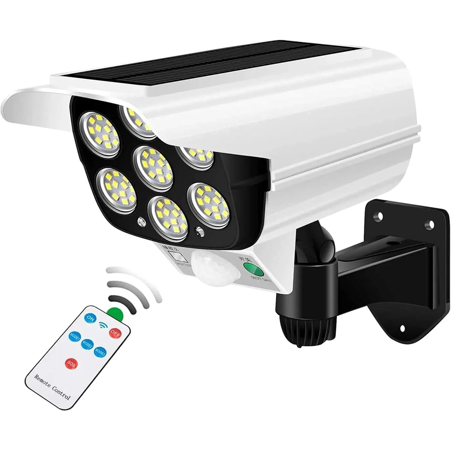 Solar Dummy Camera Light with Motion Sensor, 77 LED 2000LM Outdoor Flood Light with Remote, IP66 Waterproof Fake Security Camera Style Lamp for Garage, Porch, Garden, Patio & Driveway