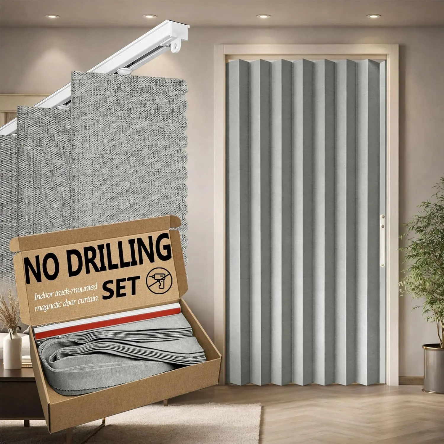 Blackout Accordion Door Curtain, Adhesive Curtain Track Included for Easy Installation Without Drilling, Gray - 72" W x 78" L