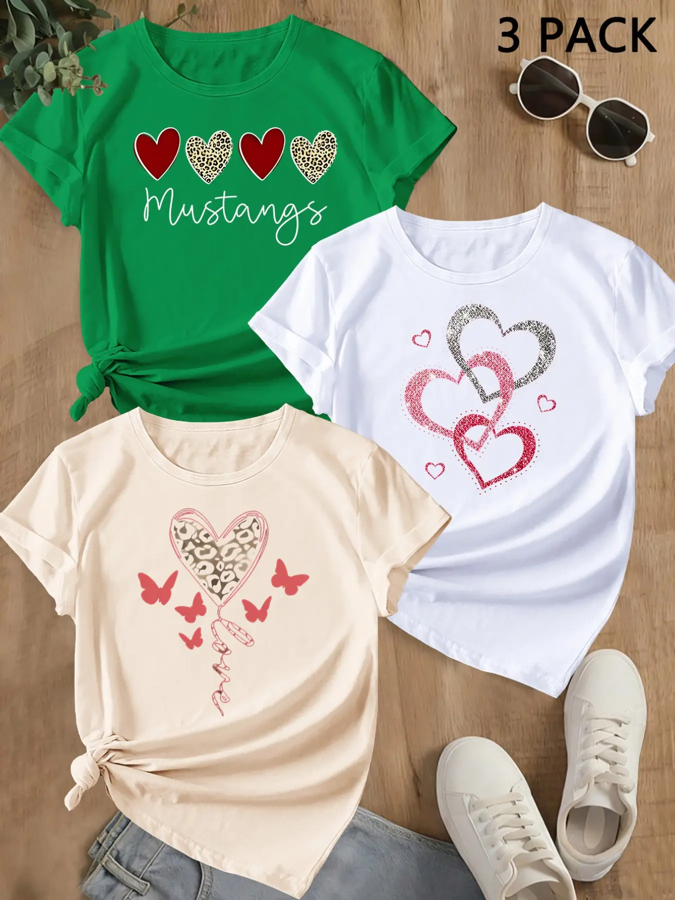 Summer Trendy Short Sleeve, Sporty Heart Print, Women's Casual Loose-Fit Round Neck T-Shirt, Comfortable Summer Top, Perfect for Outdoor Activities