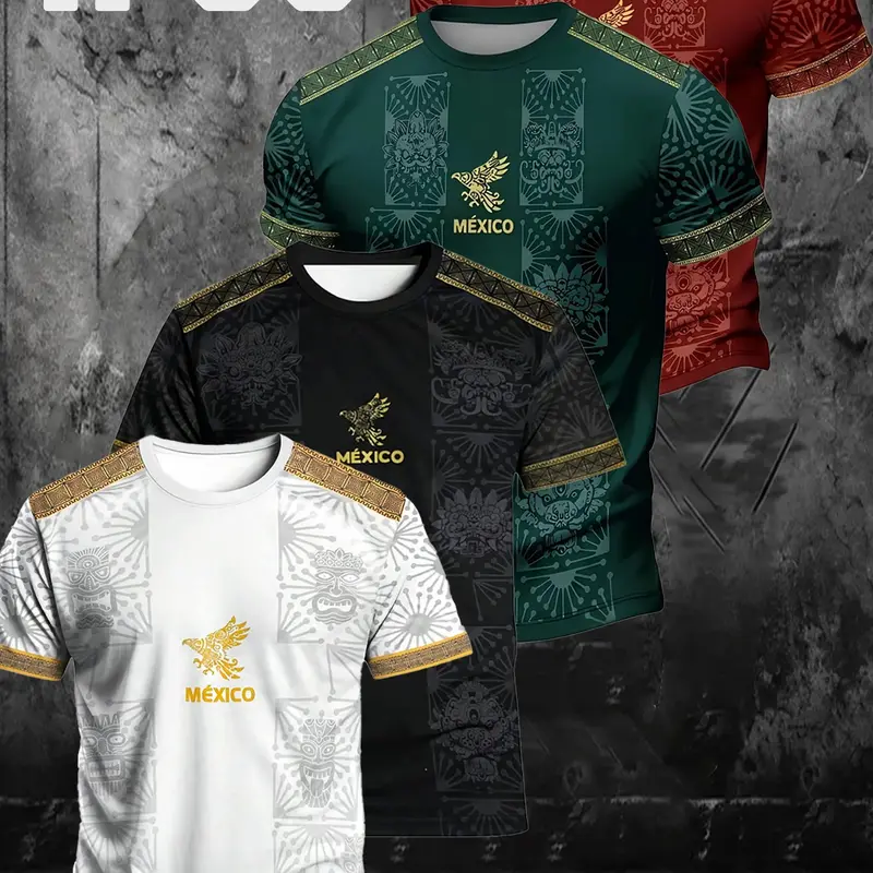 Men's 4-Piece Classic Mexican Theme Design Tops, Mayan Retro Totem & Golden Eagle Embroidery, All-Over Print Casual Streetwear, Casual Print Tee