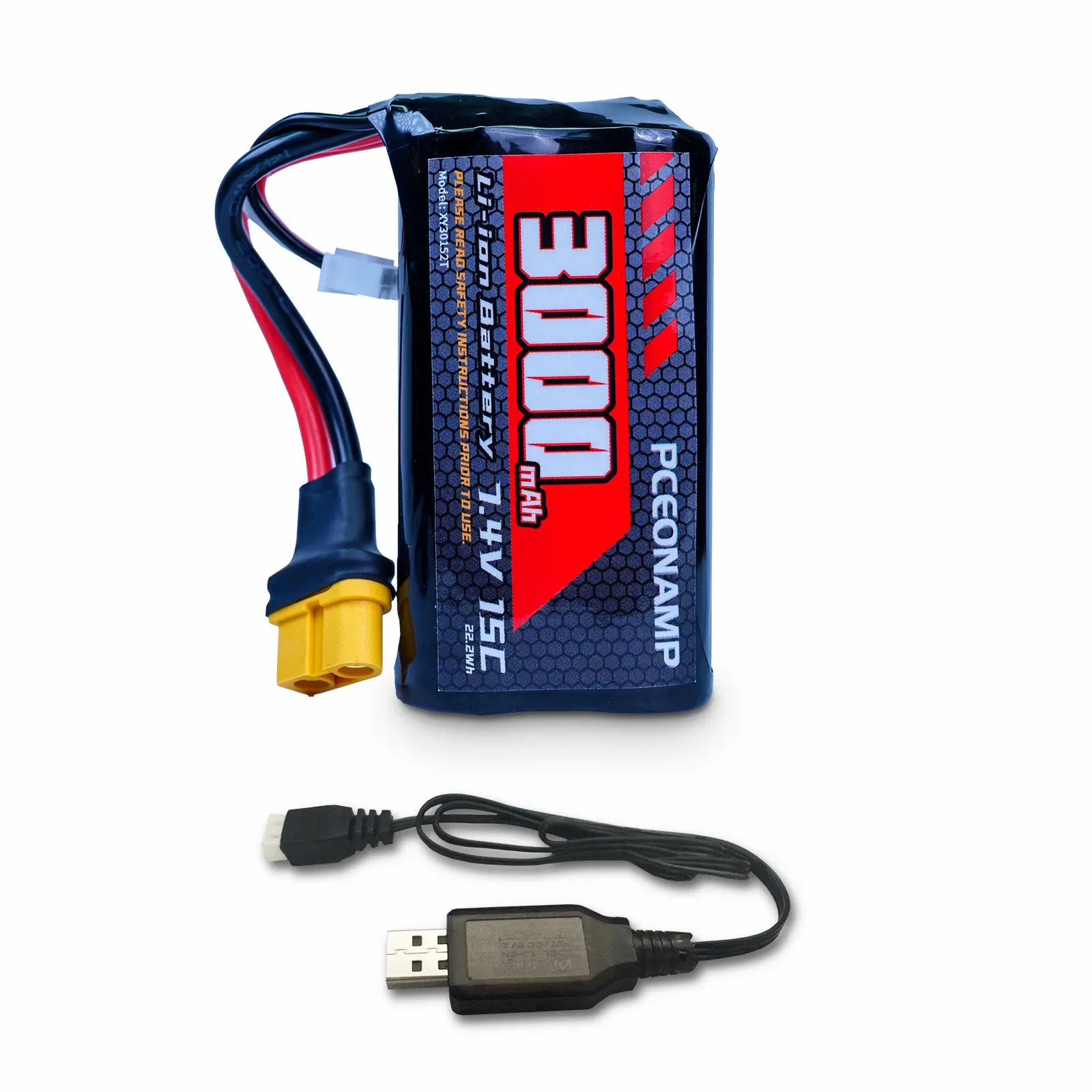 PCEONAMP 7.4V Li-ion Battery 3000mAh 2S with XT60 Plug Rechargeable High Capacity RC Battery Fit for Most 1/10, 1/12, 1/16 Scale RC Cars Trucks with 1 USB Charger