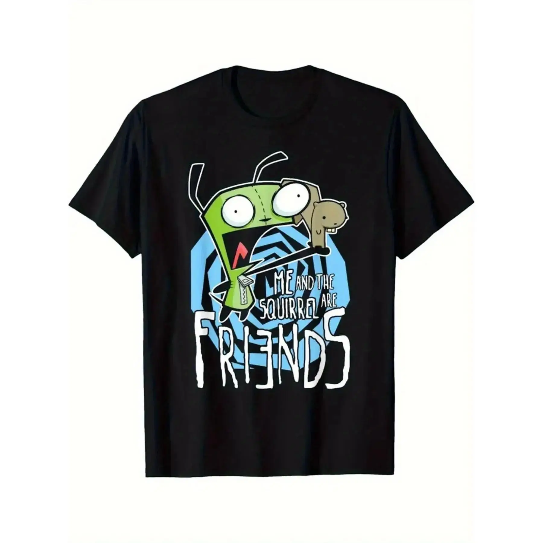 Men's Classic Casual Cotton Short-Sleeve Streetwear T-Shirt - Invader Zim Gir "Me And The Squirrel Are Friends" 90s Cartoon Print, Breathable Fabric, Layer-Friendly Fit