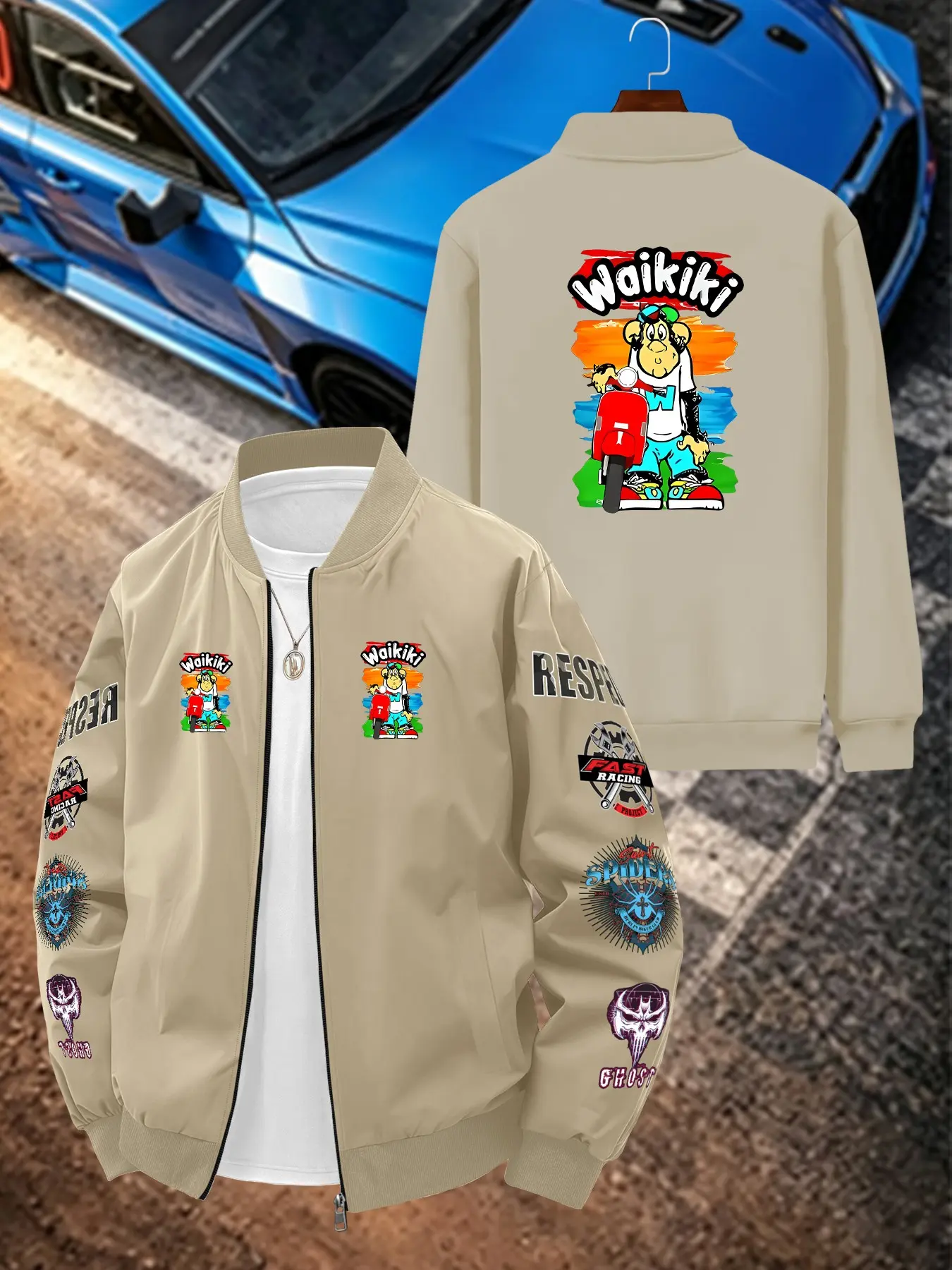 Cartoon Character Print Men's Casual Jacket, Long Sleeve Fitted Outerwear, Geometric Pattern, All Seasons, Plain Surface, Unlined