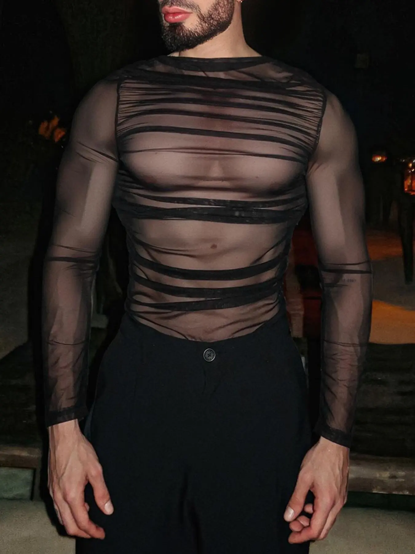 INCERUN Men's Fashion Casual Top, Tight-Fit Sheer Mesh Long Sleeve T-Shirt, Perfect for Party and Event, Stylish and Comfortable