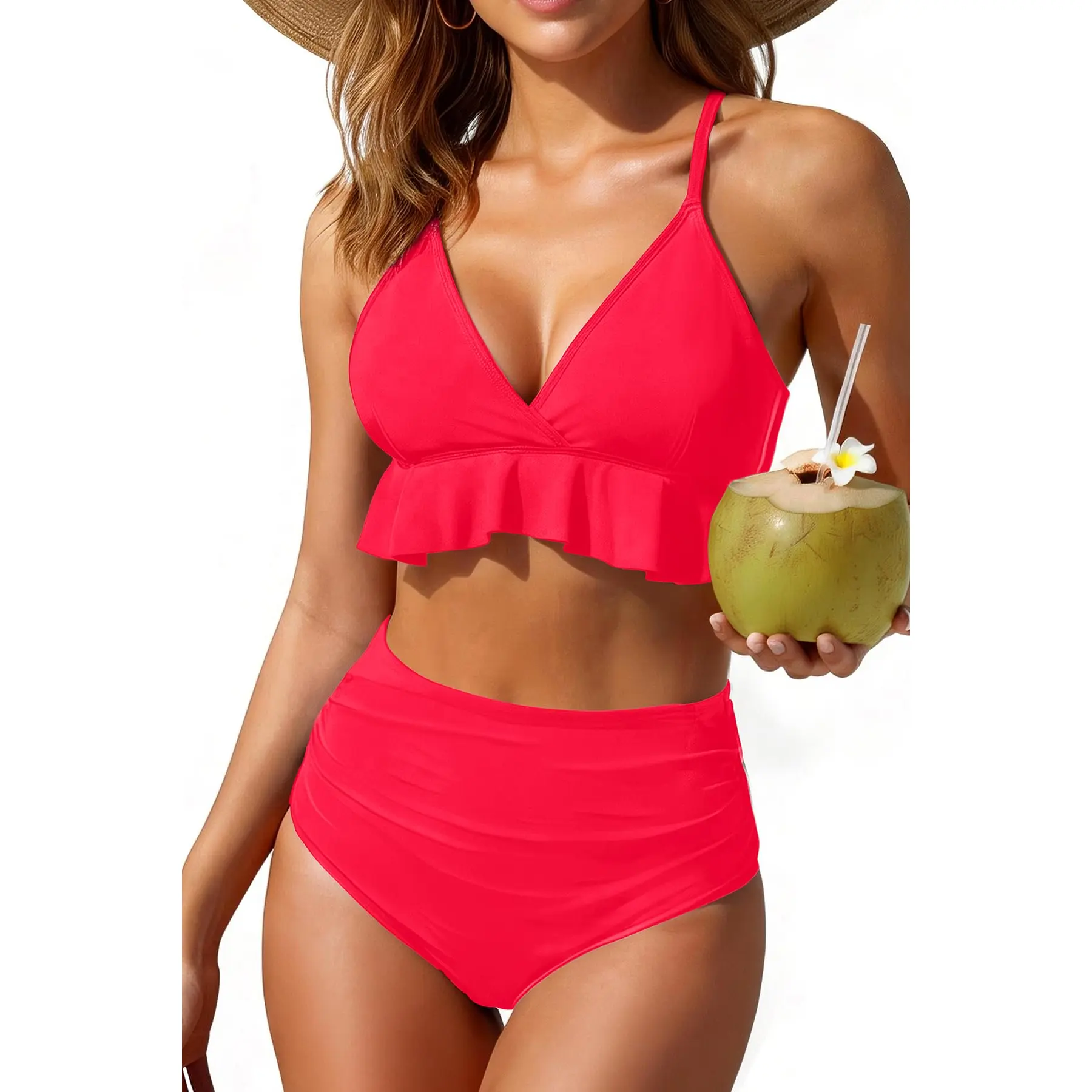 Tempt Me Two Piece Swimsuit for Women High Waisted Bikini Set Ruffle Flounce Tummy Control Bathing suit with Full Coverage Bottom Deep V Neck Criss Cross Bikini Top with Ruched Bikini Bottoms