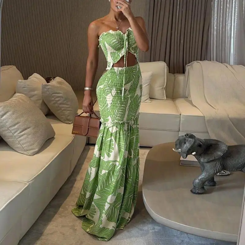Women’s Tropical Floral Print Maxi Dress, Smocked Ruched Bandeau Cutout Design with Ruffle Hem, Elegant Summer Vacation Beach Dress