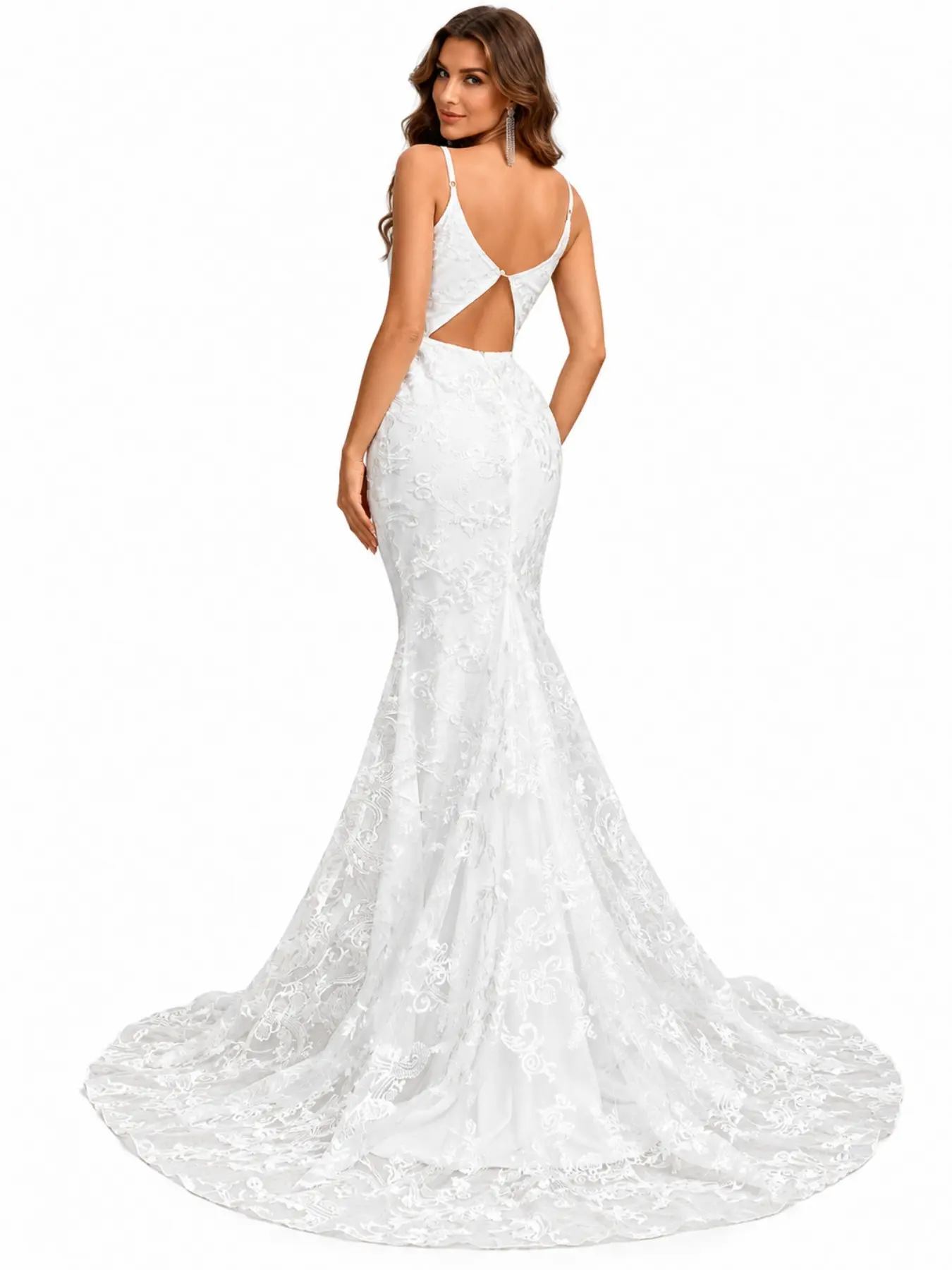 Women's Spaghetti Strap Mermaid Wedding Gown V Neck Floral Lace Cutout Back Slim Fit Sweep Train Elegant Bridal Dress for Outdoor Wedding