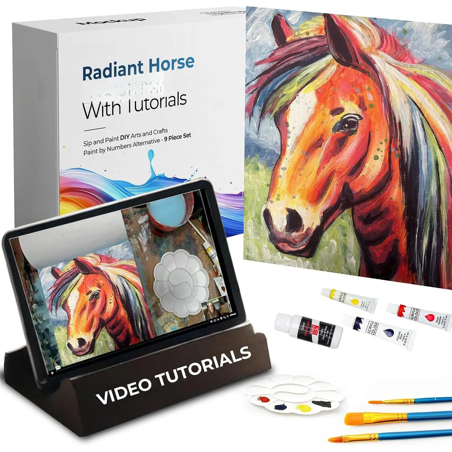 DIY Painting Class Kits for Adults with Video Tutorials, Learn to   Horse, How to  with   Sets for Adult, 9 Peices Art Set & Painting Supplies Gifts for Mom