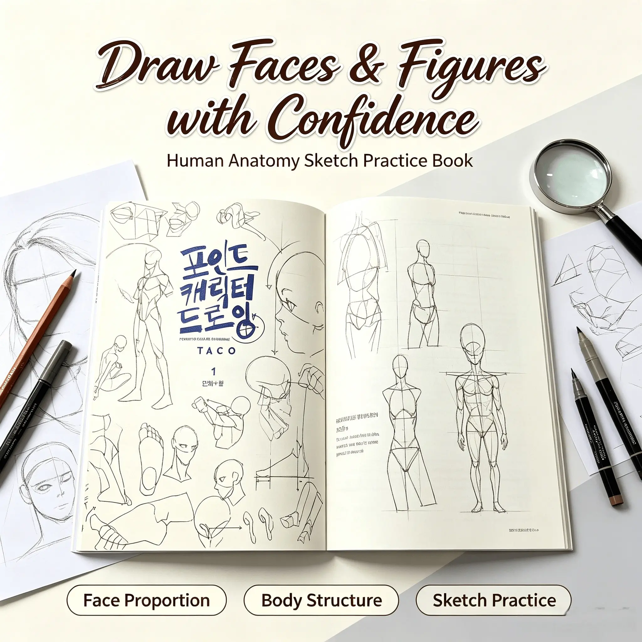 Point Character Drawing Tutorial Book Set, 2 Volumes, Human Body, Hand, Face, Perspective, Sketch, Adult Illustration, Line Art, Korean Artist