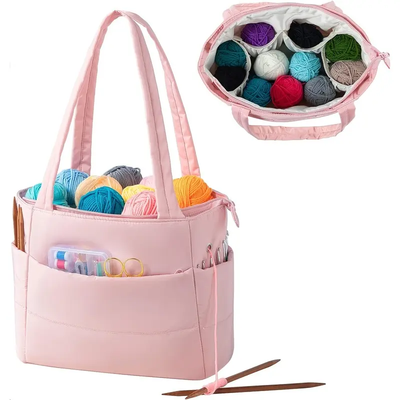 Lightweight Multi-pocket Crochet Craft Storage Bag, Versatile Household Organizer Tote. Practical fabric storage handbag holds knitting yarn and sewing accessories, convenient for sorting DIY handicraft supplies for indoor use and travel handmade projects