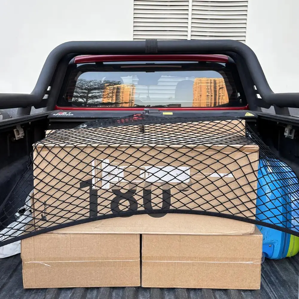 Heavy Duty Highly Elastic Mesh Fabric Cargo Net with Free Hooks, 39x23 in Expandable Truck Bed Cargo Secure Organizer, Compact Storage for Furniture Camping Gear, Compatible with ATV, SUV, UTV, Pickup Truck, Boat, Stretchable, Truck Beds