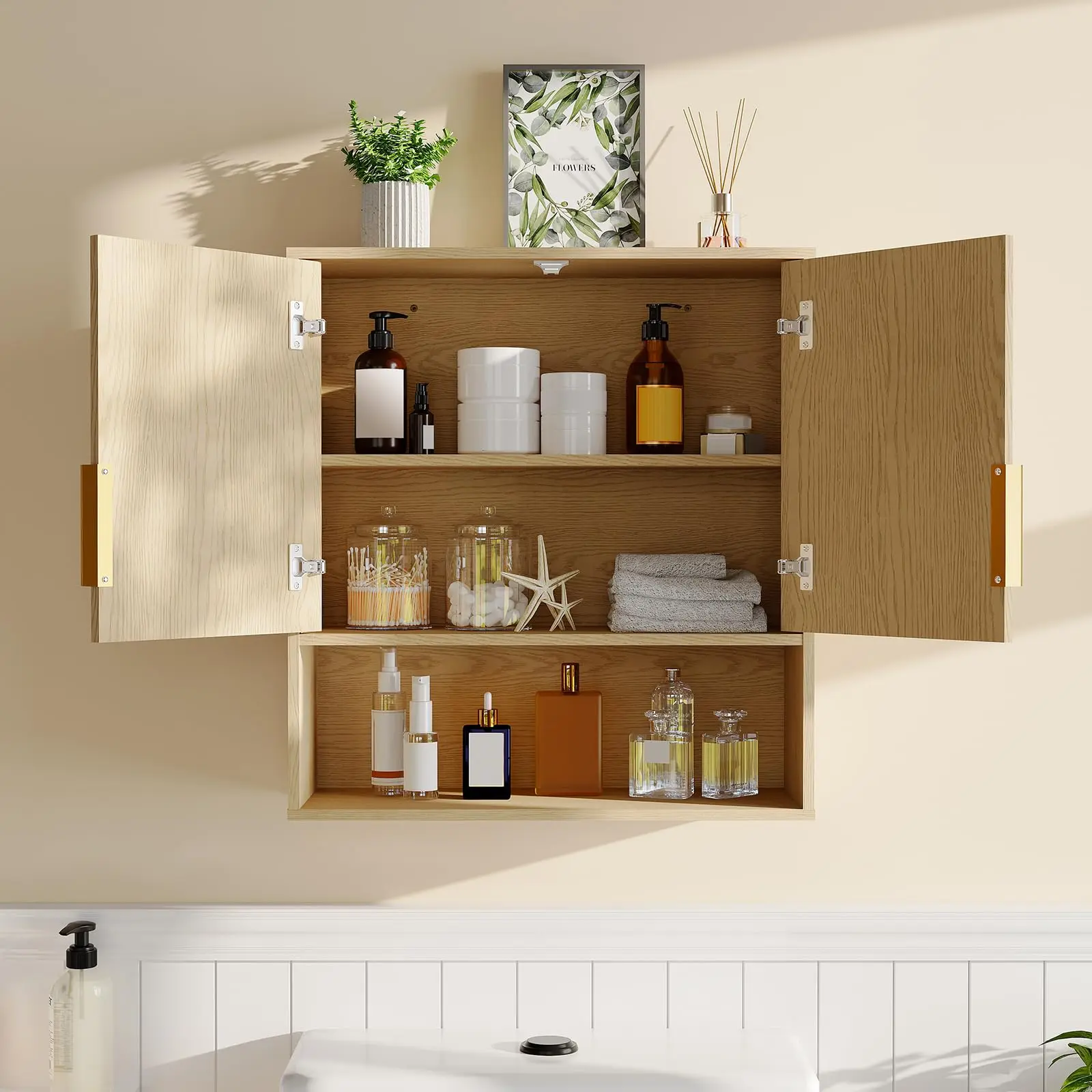 Over Toilet Bathroom Wall Cabinet – Double Doors, Open Storage, Adjustable Shelf, Towel Bar, Wall Mounted Wooden Organizer for Bathroom, Kitchen, or Laundry – White or Oak