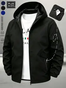 Men's Plus Size Hooded Windbreaker, Lightweight Breathable Zip-Up Jacket, Casual Long Sleeve Coat for Spring Fall, Daily Wear Outdoor
