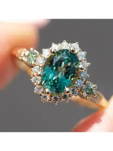 Oval Cut Teal Green Emerald CZ Halo Ring for Women, Gold Princess Diana Style Cluster Pave Cocktail Ring, Vintage Luxury Statement Jewelry for Engagement Wedding Anniversary Birthday Gift