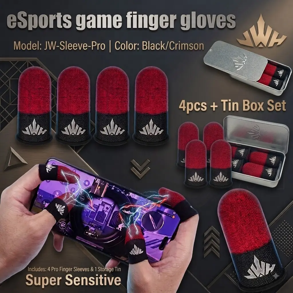 4/8Pcs Carbon Fiber Gaming Finger Sleeves with Metal Tin Box – Red Black, 0.3mm Ultra-Thin, 24-Needle High-Density Weave, No Drag/Sweat/Prints, 5x Wear-Resistant – For PUBG Mobile & FPS Gamers