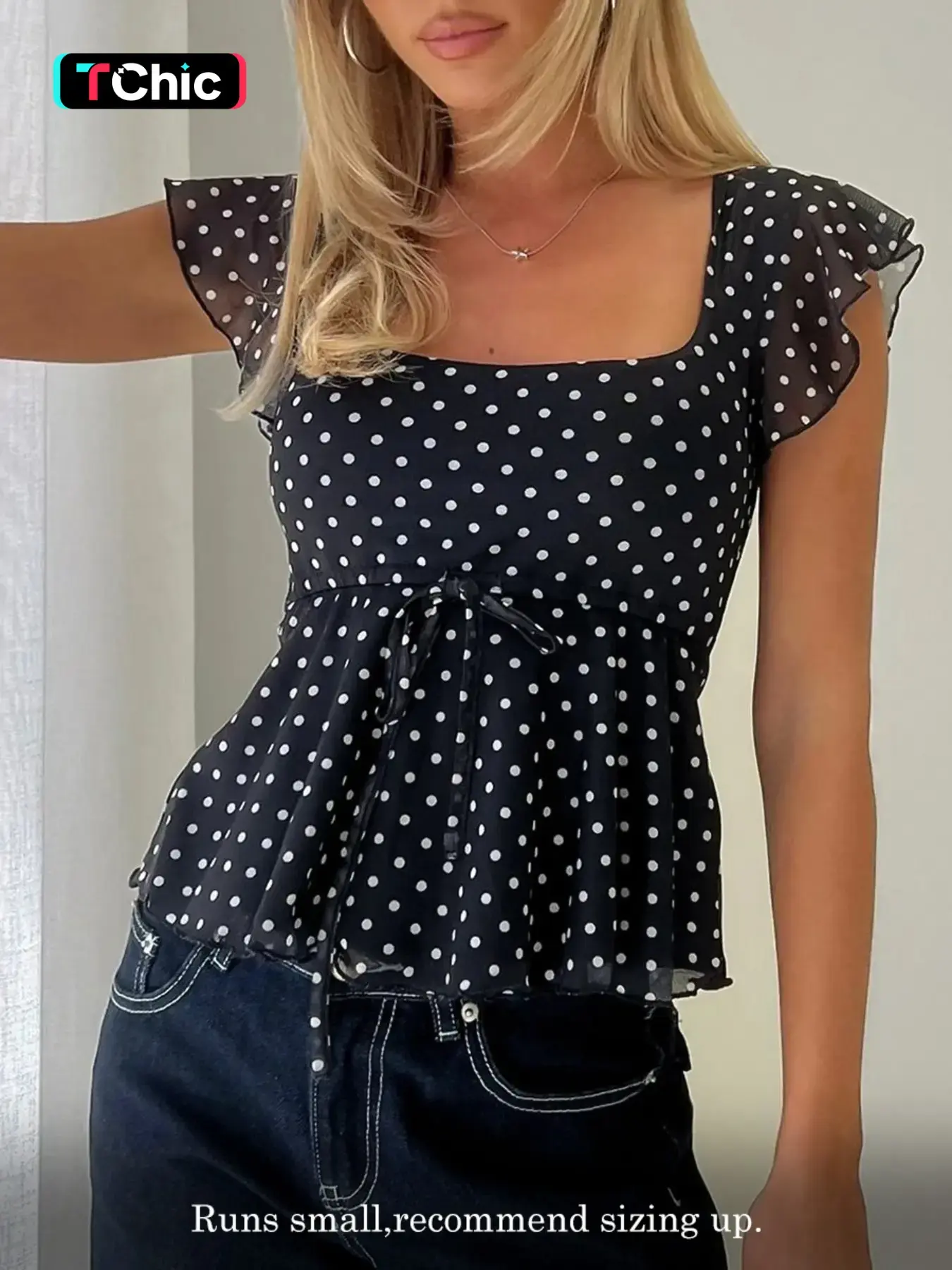 Chiffon Polka Dot Crop Top Women Cute Babydoll Daily Outfit Blouse Summer Tops