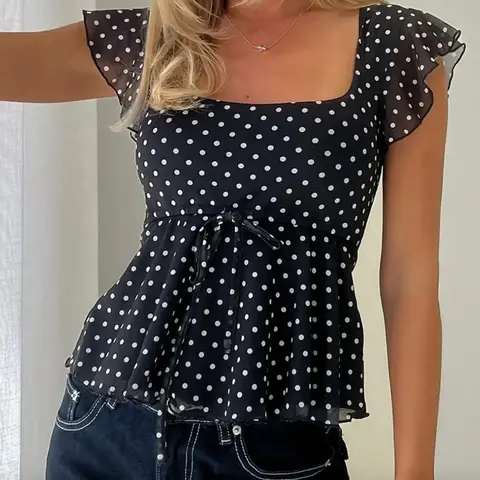 【Black Friday】Women's Polka Dot Pattern Chiffon Blouse, Cute Summer Babydoll Top for Daily Wear