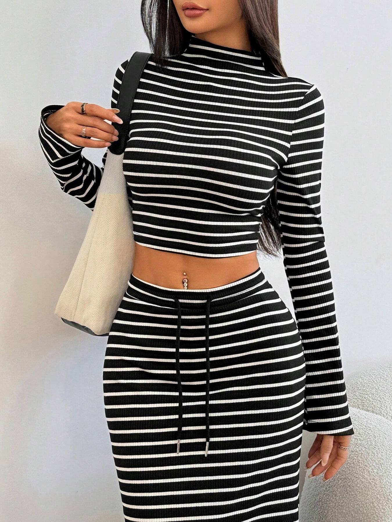 Women's Striped Print Long Sleeve Top & Skirt Two-Piece Set, Elegant Casual Outfits for Daily Outdoor Wear, Women's Clothes for All Seasons, Airport Outfit