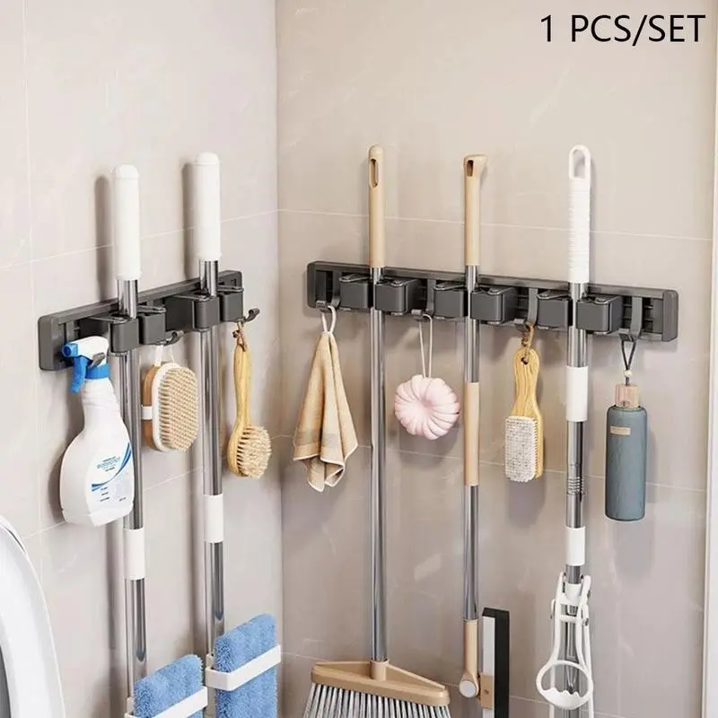 Wall Mounted Hangable Broom & Mop Holder, Space Saving Adjustable Rack with Hook, Home Organizer for Bathroom Kitchen Garden Garage