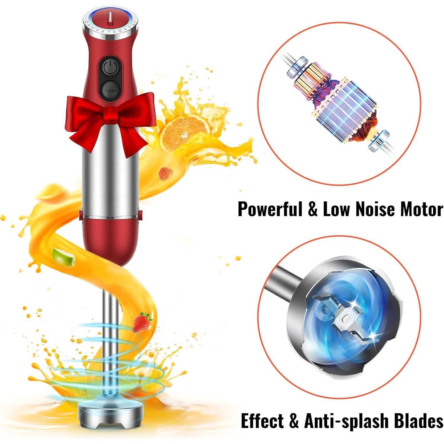 5-in-1 Hand Immersion Blender, 1000W 12 Speed Handheld Blender Stick with Copper Stainless Steel , 600ml Mixing Beaker,500ml Processor, Whisk, Milk Frother, Non-BPA, Red 5-in-1 Hand Immersion Blender, 1000W 12 Speed Handheld Blender Stick with Copper Stainless Steel , 600ml Mixing Beaker,500ml Processor, Whisk, Milk Frother, Non-BPA, Red
